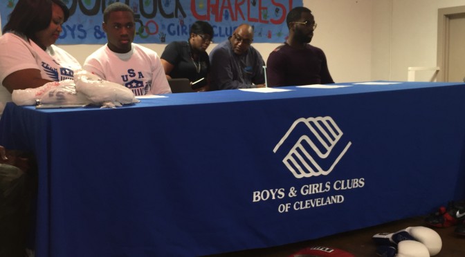 Annette Steen-Conwell, Charles Conwell and Terrell Gausha at the Boys & Girls Club for Charles Conwell's Olympic boxing press conference and sendoff.